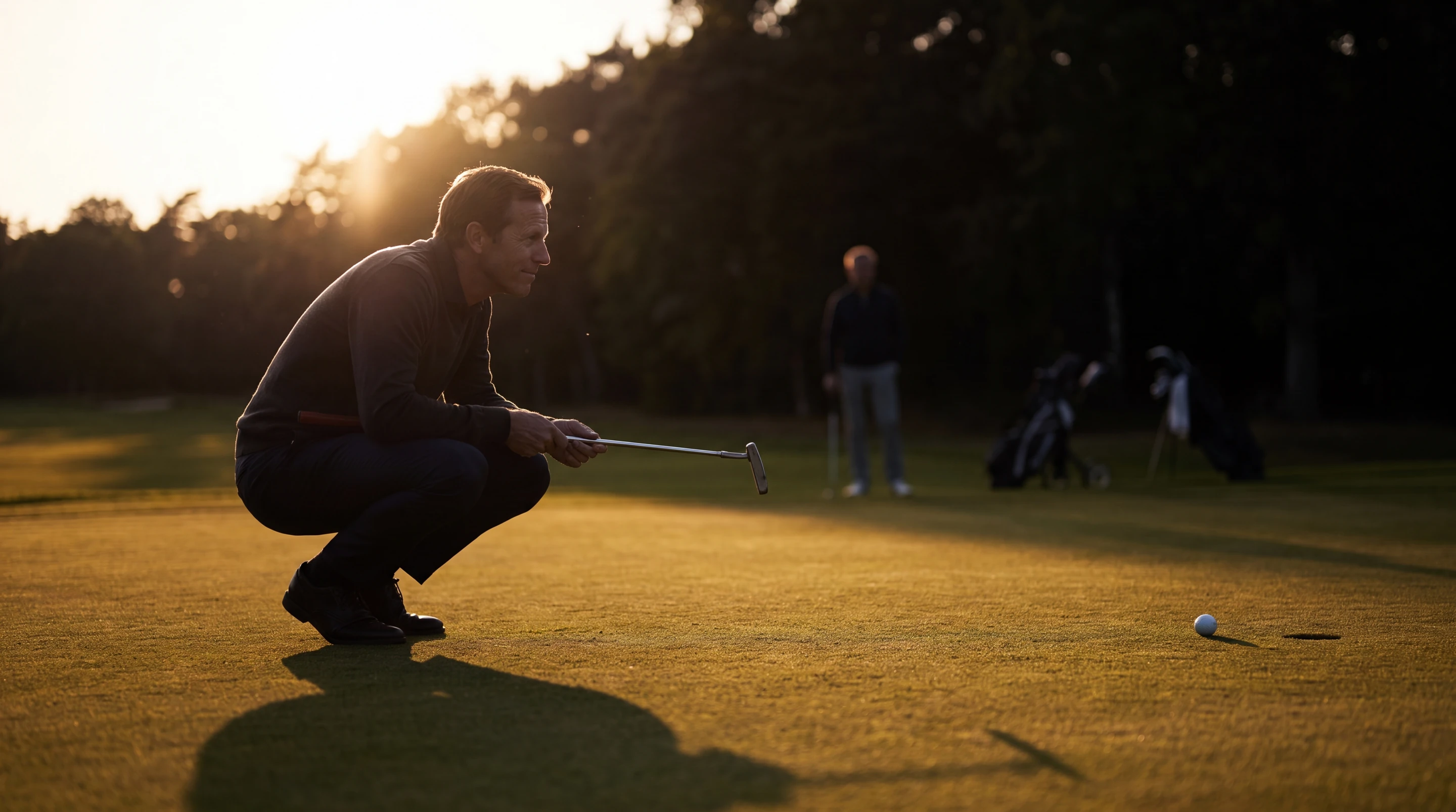 A golfer lining up a putt on the green in the late afternoon sun.