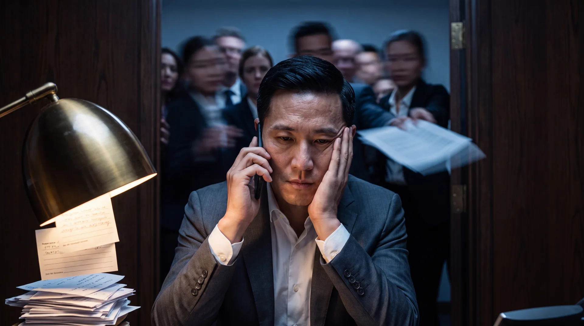 An overwhelmed attorney taking a call as colleagues wait with paperwork.