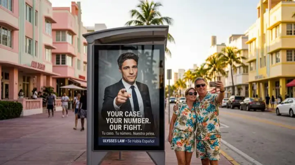 A bus shelter ad for a law firm on a sunny Miami street.