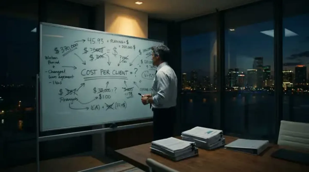 An attorney at a whiteboard covered in figures, under the words cost per client.