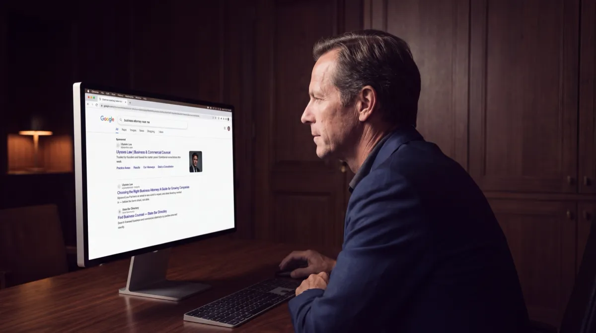 An attorney studies a search results page on his monitor at night.