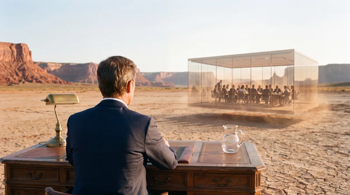 An attorney at his desk in the desert, facing a glass boardroom full of people.