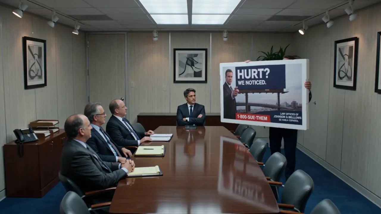 Partners in 1970s suits sit around a boardroom table as an agency pitches them.