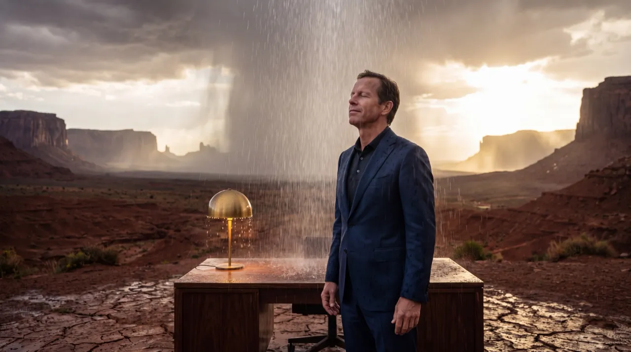 An attorney stands beside his desk in the desert as rain falls on him alone.