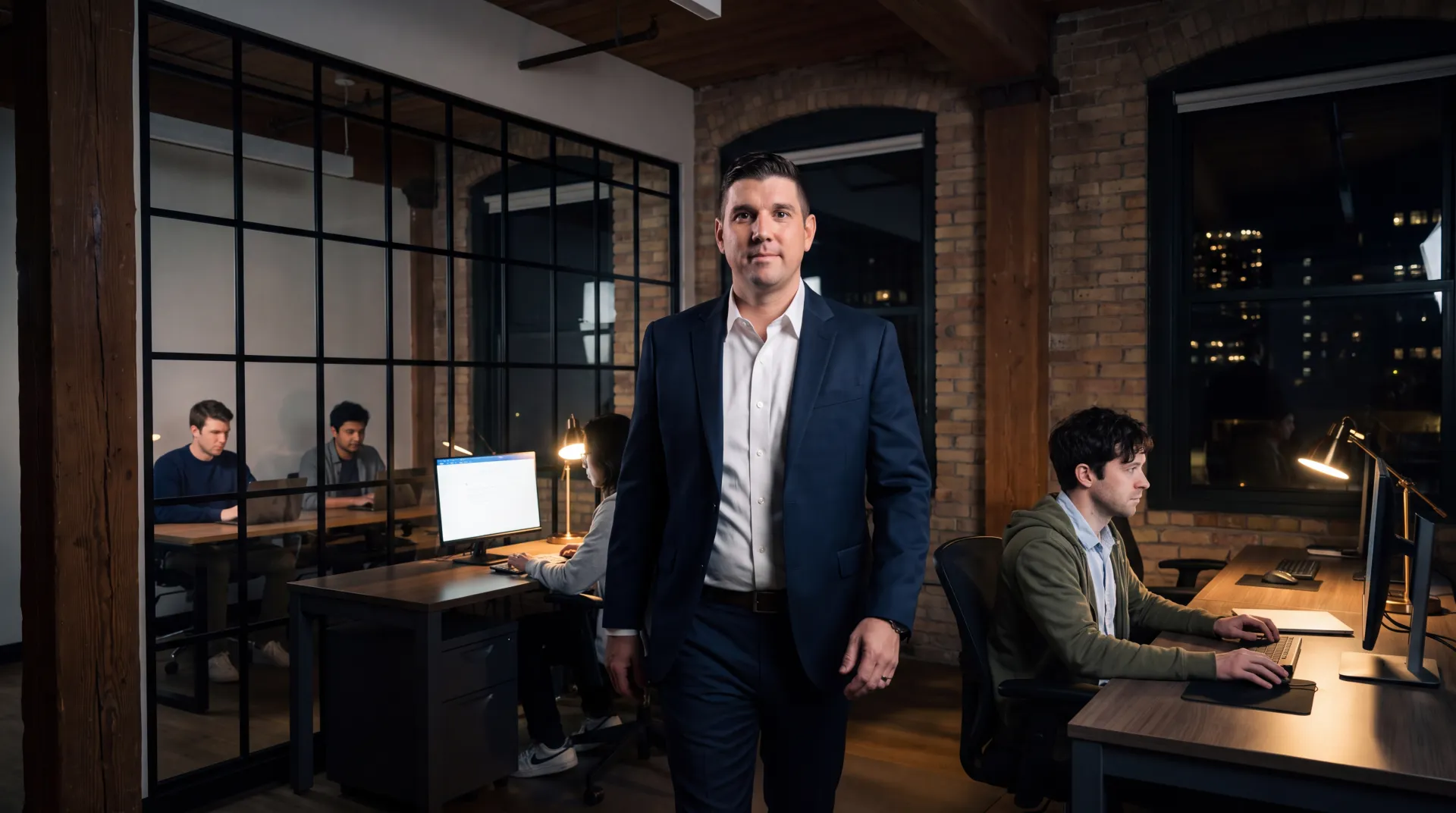 Andrew Rapacke walks through a startup office at night as engineers work at their desks.